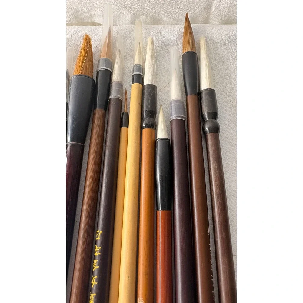 13pc Vintage Chinese Calligraphy Sumi-e Painting Brushes Bamboo Wood Set